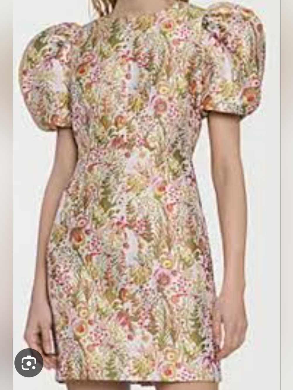 Floral Puff-Sleeve jacquard Mini Dress in Pink & Olive -